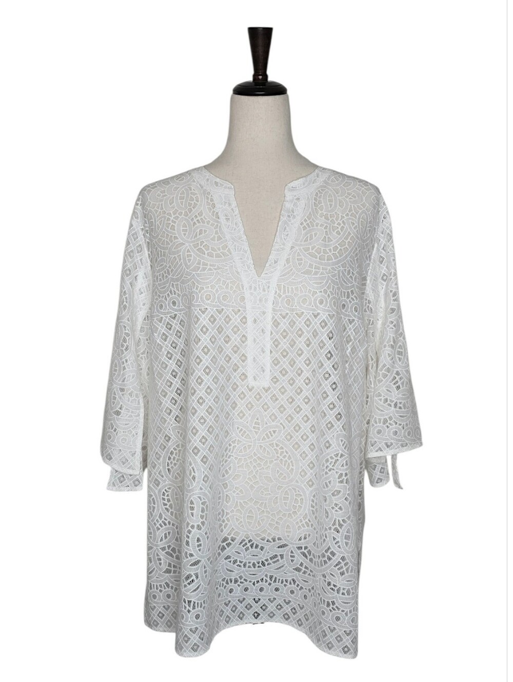 Chico's White Open Lace Split Notched V-neck 3/4 Sleeve Tunic Top Size XL - Picture 2 of 9